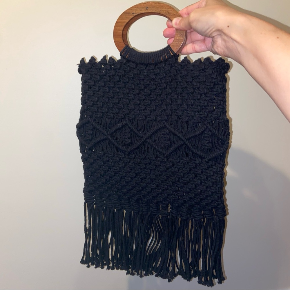 Danielle Nicole Black Macrame Fringe Bag Boho Cro… - image 1